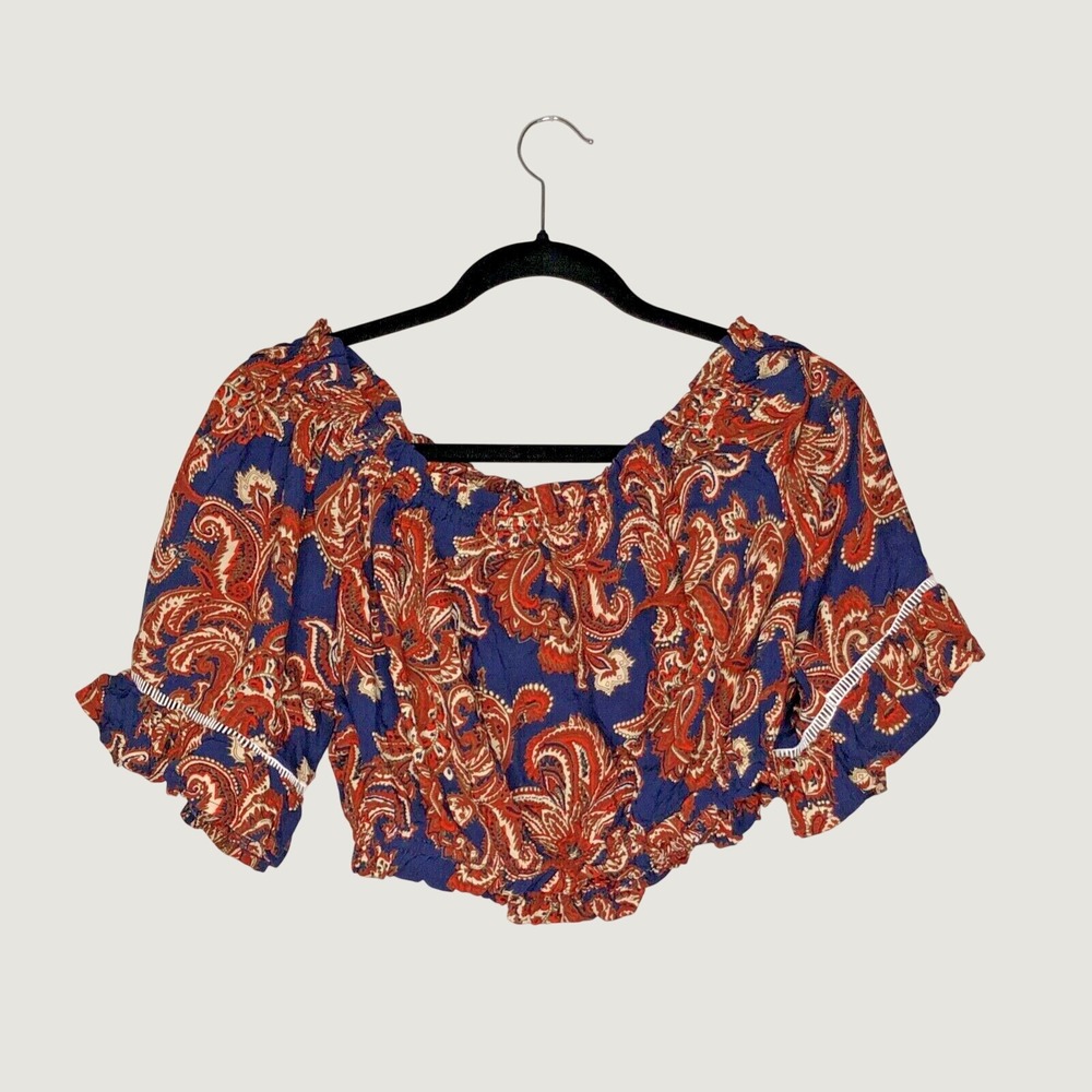 Sans Souci Top Womens S Blue Rust Paisley Off Shoulder Ruffle Crop GST940-1 Boho
